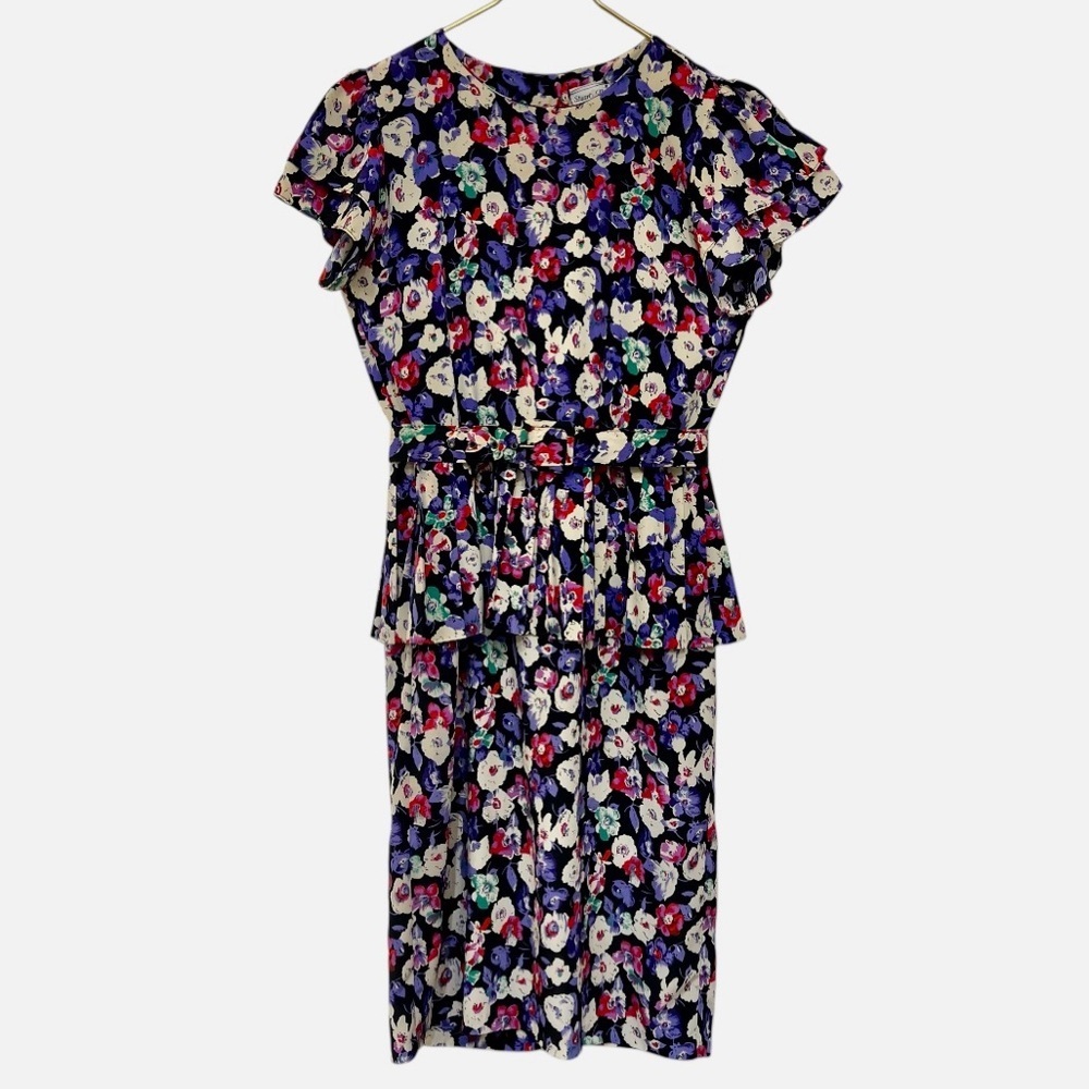 Vintage Stuart Alan Petites Floral Ruffle Sleeve Belted Dress